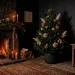 Moody dark cottagecore living room with a lit fireplace and emerald green Christmas tree for 2026 holiday decor.