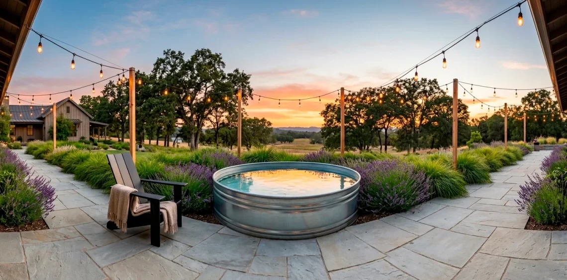 Large industrial stock tank pond in a modern farmhouse backyard with flagstone and string lights.