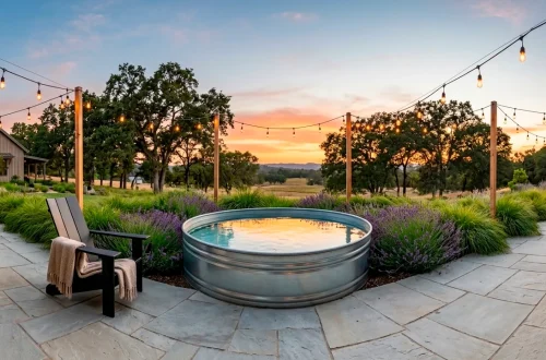 Large industrial stock tank pond in a modern farmhouse backyard with flagstone and string lights.