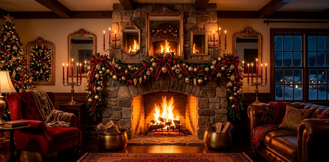 Wide landscape of a traditional Christmas fireplace featuring crimson velvet ribbons and gold ornaments in a cozy room.