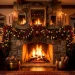 Wide landscape of a traditional Christmas fireplace featuring crimson velvet ribbons and gold ornaments in a cozy room.