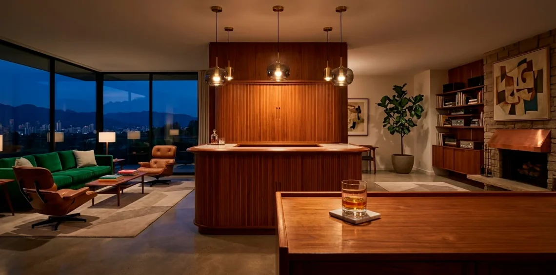 Large mid-century modern teak bar cabinet in a stylish 1960s living room with warm ambient lighting.