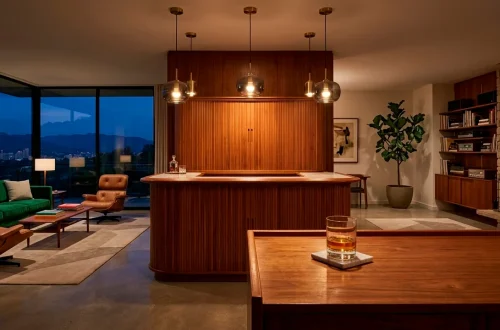 Large mid-century modern teak bar cabinet in a stylish 1960s living room with warm ambient lighting.