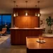 Large mid-century modern teak bar cabinet in a stylish 1960s living room with warm ambient lighting.