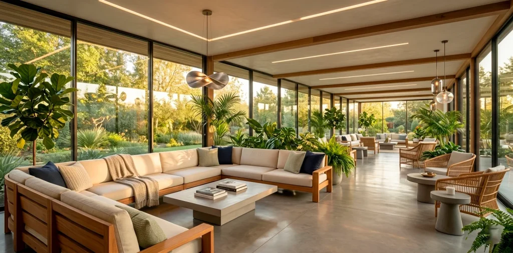 Luxurious sunroom with weather-resistant teak and wicker furniture during a golden hour sunset.
