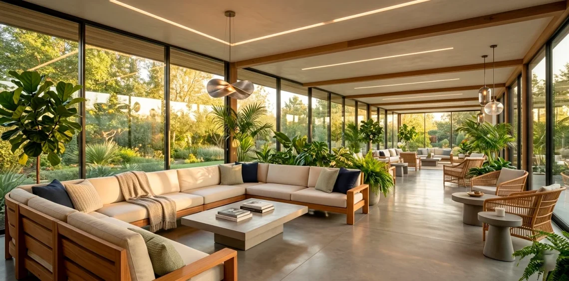 Luxurious sunroom with weather-resistant teak and wicker furniture during a golden hour sunset.