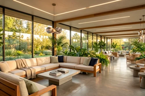 Luxurious sunroom with weather-resistant teak and wicker furniture during a golden hour sunset.