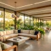 Luxurious sunroom with weather-resistant teak and wicker furniture during a golden hour sunset.