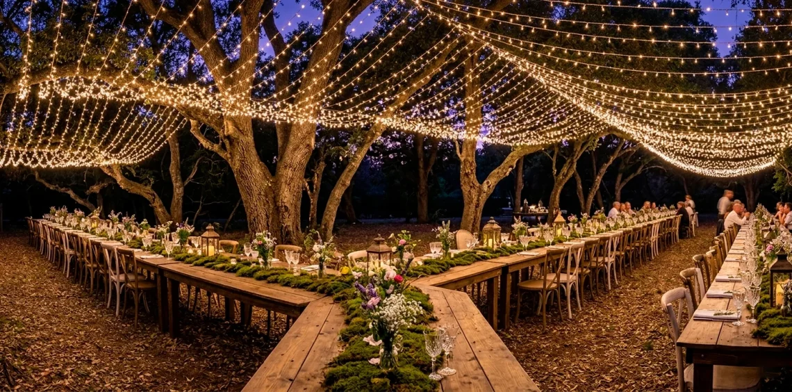 Wide landscape of a whimsical forest backyard wedding with fairy lights and mossy tables.