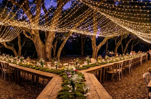 Wide landscape of a whimsical forest backyard wedding with fairy lights and mossy tables.