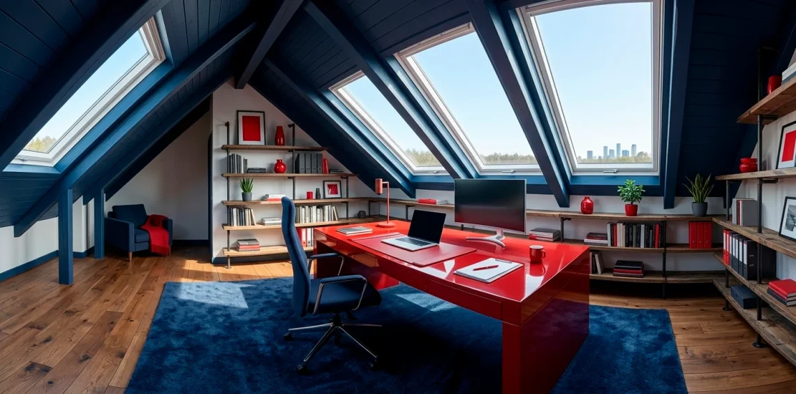 Wide shot of a productive attic office featuring navy blue walls and a bold red desk with skylights.