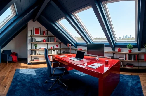 Wide shot of a productive attic office featuring navy blue walls and a bold red desk with skylights.