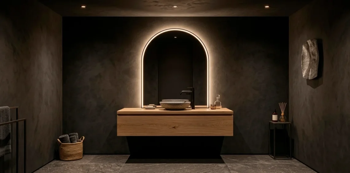 Wide shot of a luxury powder room with matte black fixtures, charcoal walls, and warm ambient lighting.