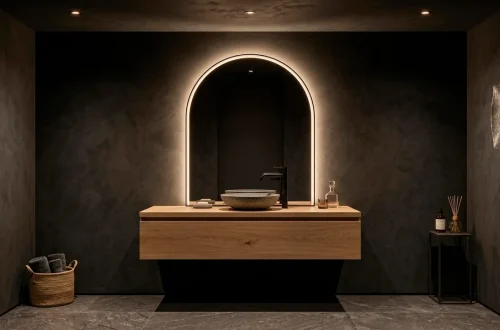 Wide shot of a luxury powder room with matte black fixtures, charcoal walls, and warm ambient lighting.