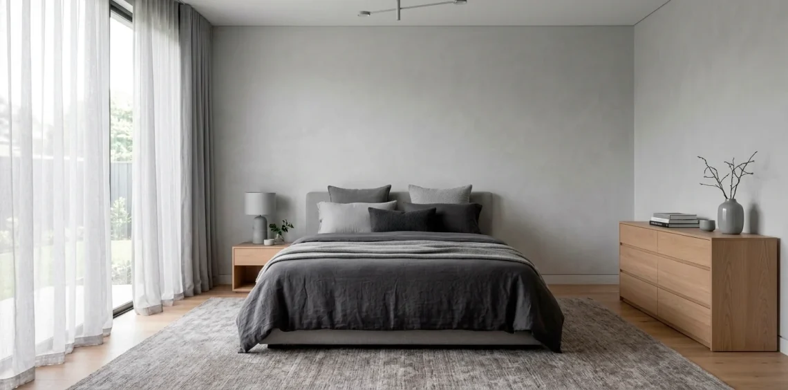 Sophisticated grey bedroom with layered textures, charcoal linens, and natural light in a 2:1 wide shot.
