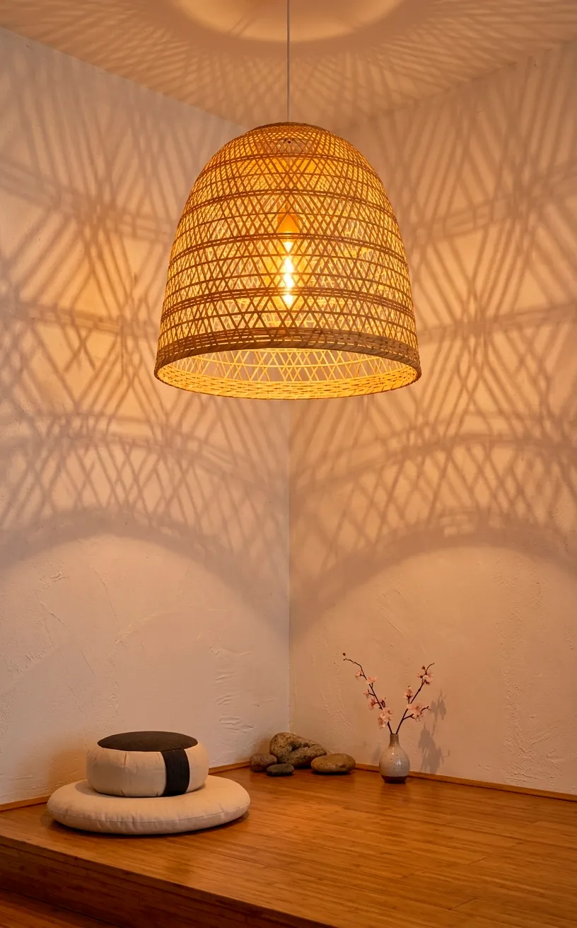 Woven bamboo pendant light casting warm shadows in a minimalist workout room.