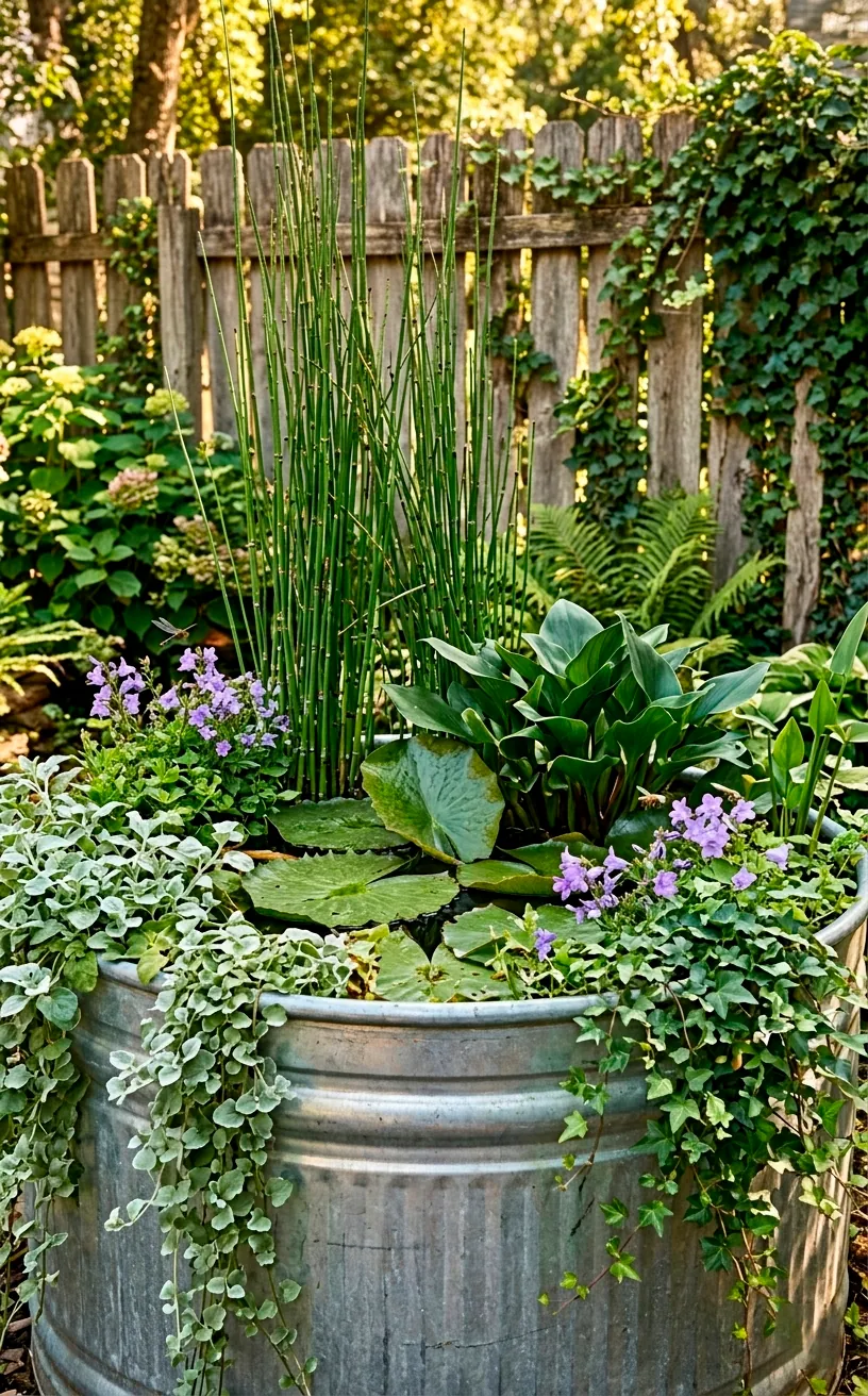 Densely planted stock tank pond with horsetail reeds and lily pads.