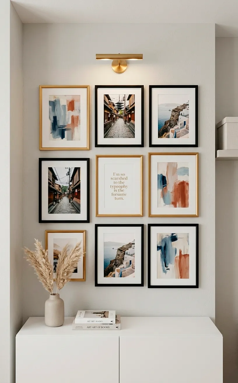 Curated gallery wall with black and gold frames above a minimalist white storage cabinet.