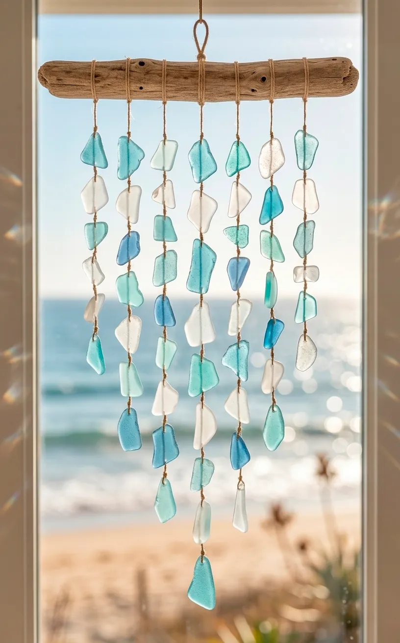 Driftwood and sea glass wall hanging catching natural light in front of a window.