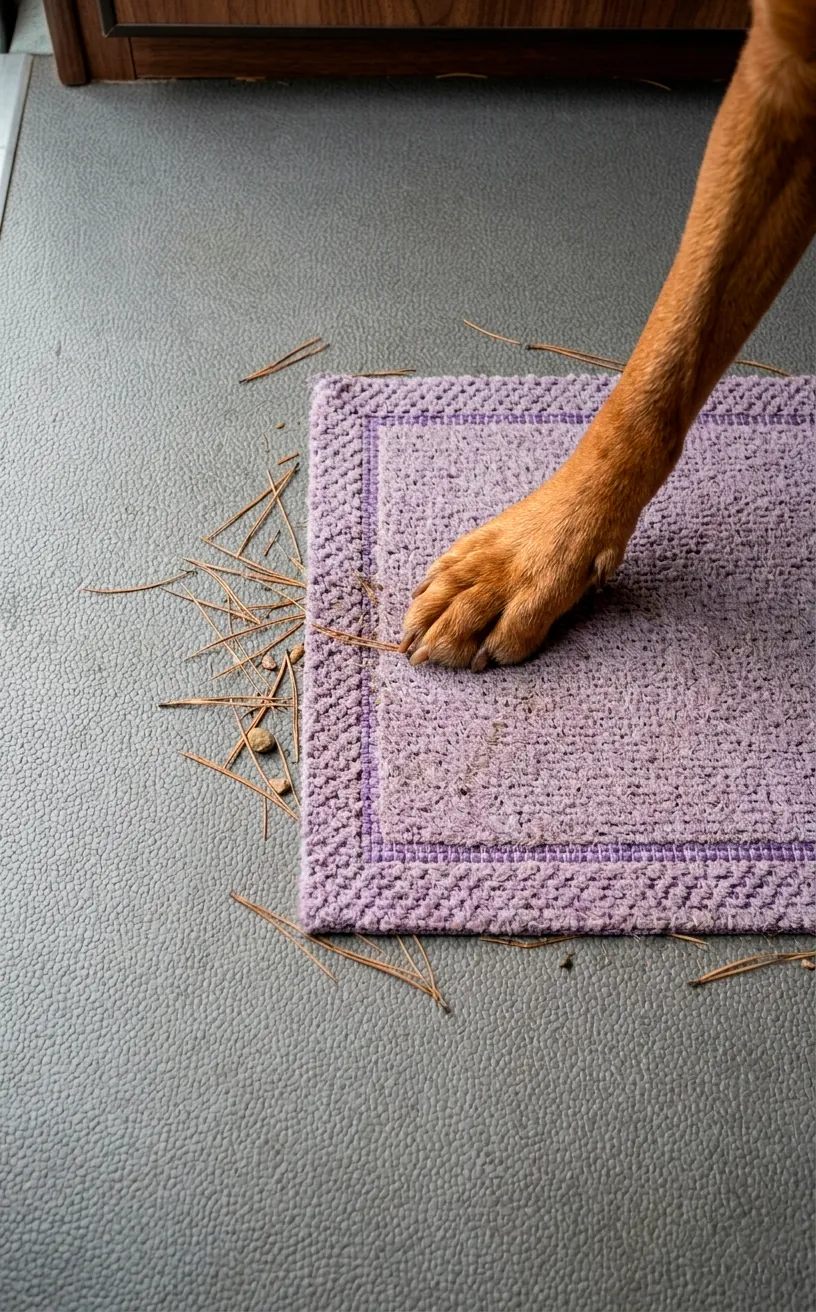 Durable grey van flooring with a lavender doormat and a dog's paw entering the space.