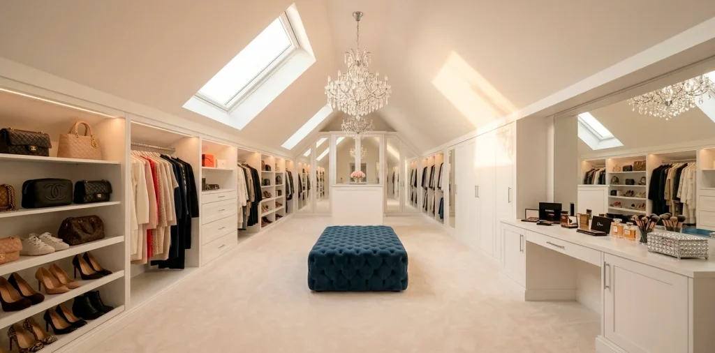 Luxurious boutique-style attic wardrobe with white custom cabinets, sloped ceilings, and a crystal chandelier.