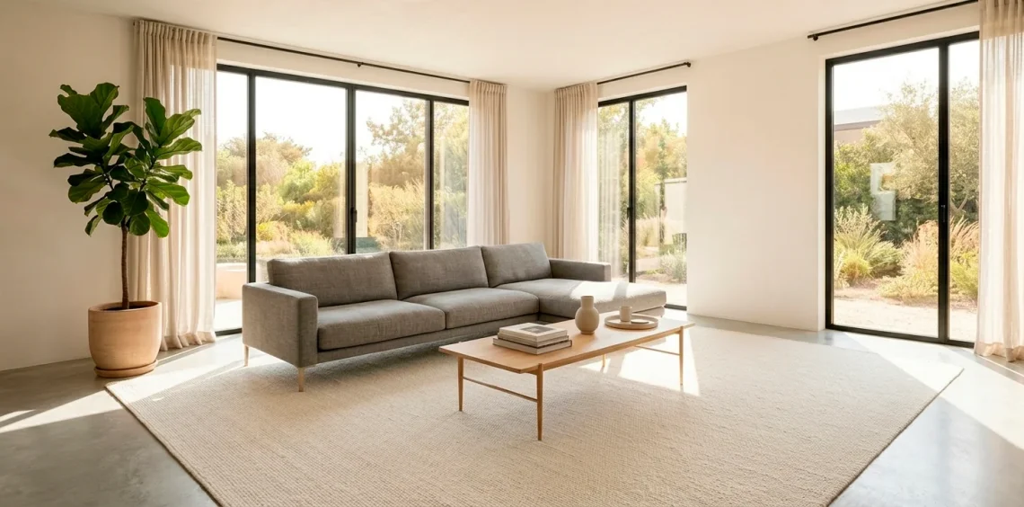 Panoramic view of a bright minimalist living room with clean line furniture for small spaces.