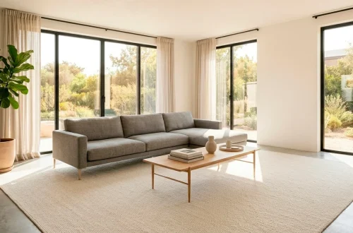 Panoramic view of a bright minimalist living room with clean line furniture for small spaces.