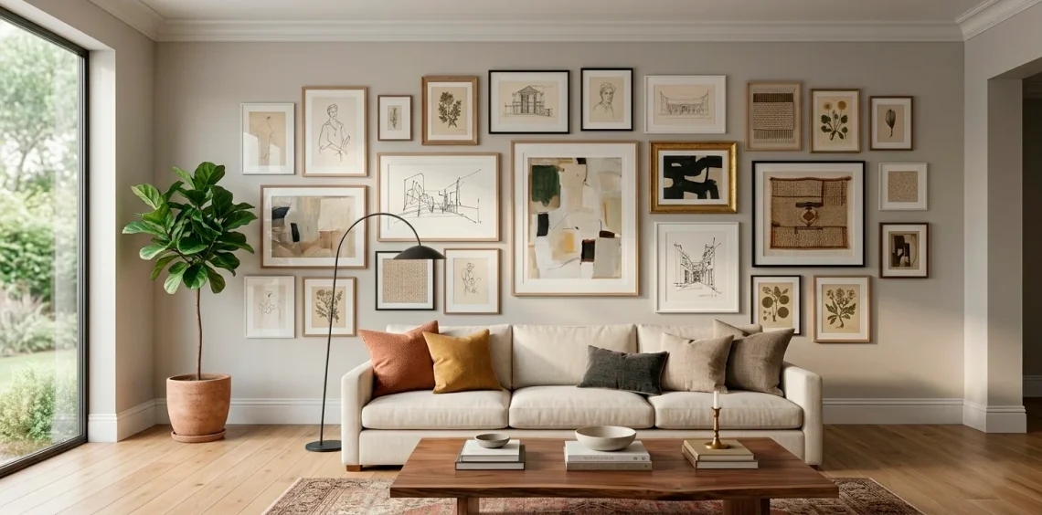 A wide shot of a professional gallery wall in a modern living room with a cream sofa and oak floors.