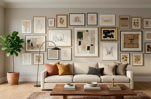 A wide shot of a professional gallery wall in a modern living room with a cream sofa and oak floors.