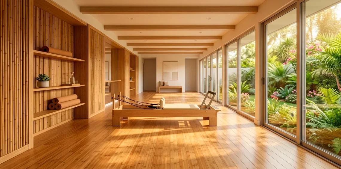 A serene sun-drenched Pilates studio featuring seamless bamboo flooring and organic wooden decor.