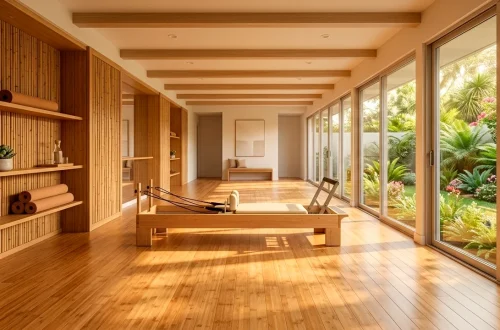 A serene sun-drenched Pilates studio featuring seamless bamboo flooring and organic wooden decor.