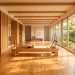 A serene sun-drenched Pilates studio featuring seamless bamboo flooring and organic wooden decor.