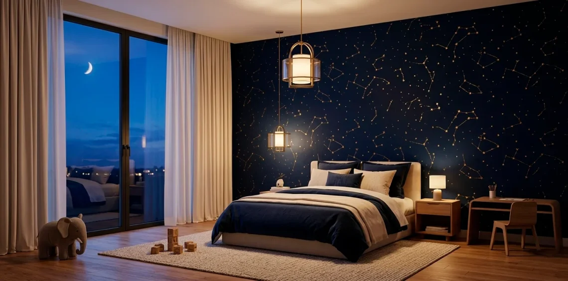 Wide shot of a modern kids bedroom with navy and gold starry night wallpaper and cozy lighting.