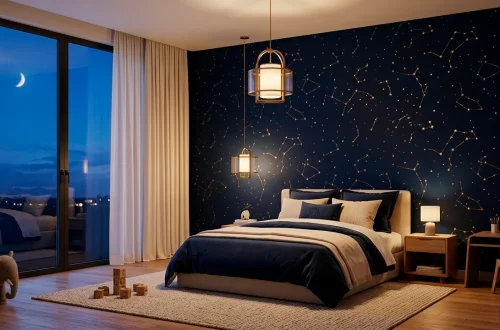 Wide shot of a modern kids bedroom with navy and gold starry night wallpaper and cozy lighting.