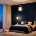 Wide shot of a modern kids bedroom with navy and gold starry night wallpaper and cozy lighting.