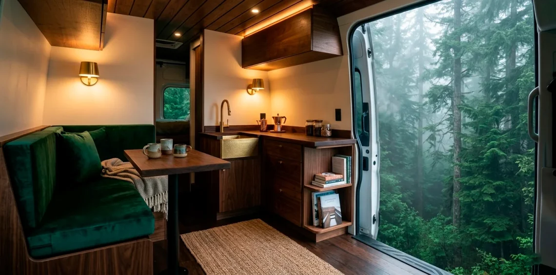 Luxury camper van interior with deep emerald green velvet seating and brushed brass lighting accents in a forest setting.