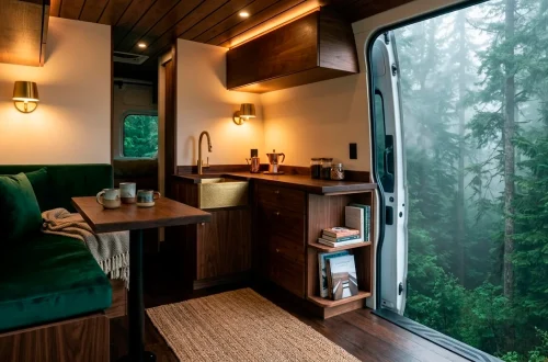 Luxury camper van interior with deep emerald green velvet seating and brushed brass lighting accents in a forest setting.