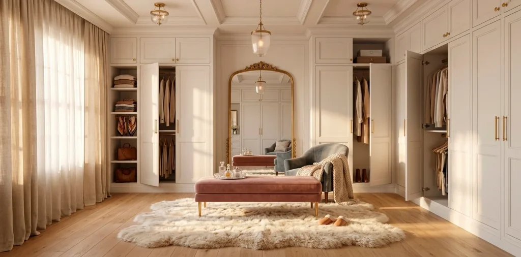 Luxurious small dressing room featuring warm textures, velvet seating, and a plush rug in a cozy, sunlit interior.