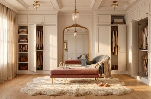 Luxurious small dressing room featuring warm textures, velvet seating, and a plush rug in a cozy, sunlit interior.