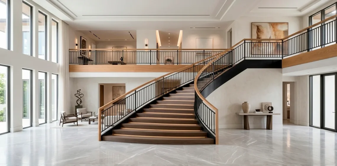 Modern luxury staircase with oak and black metal railing in a bright sunlit foyer.