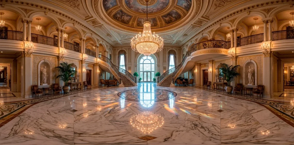 Grand tiered crystal chandelier hanging in a luxury marble foyer with a sweeping grand staircase.