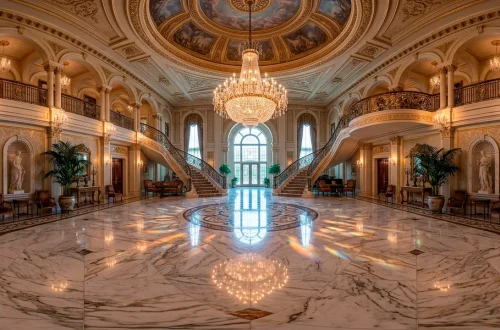 Grand tiered crystal chandelier hanging in a luxury marble foyer with a sweeping grand staircase.