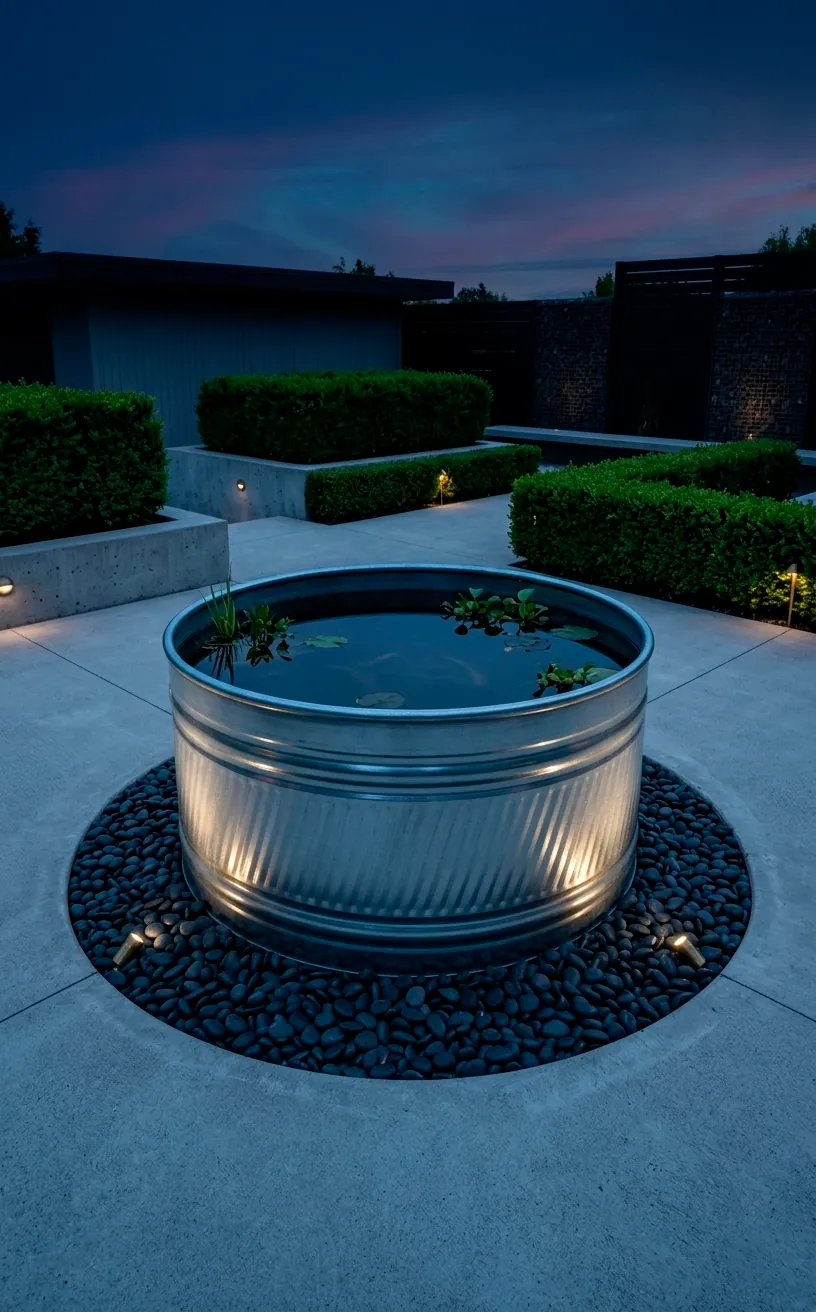 Modern stock tank pond on concrete patio with black pebble border.