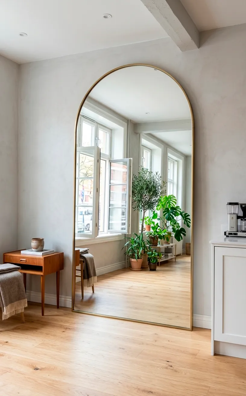 Large arched floor mirror leaning against a wall to create the illusion of more space in a studio.