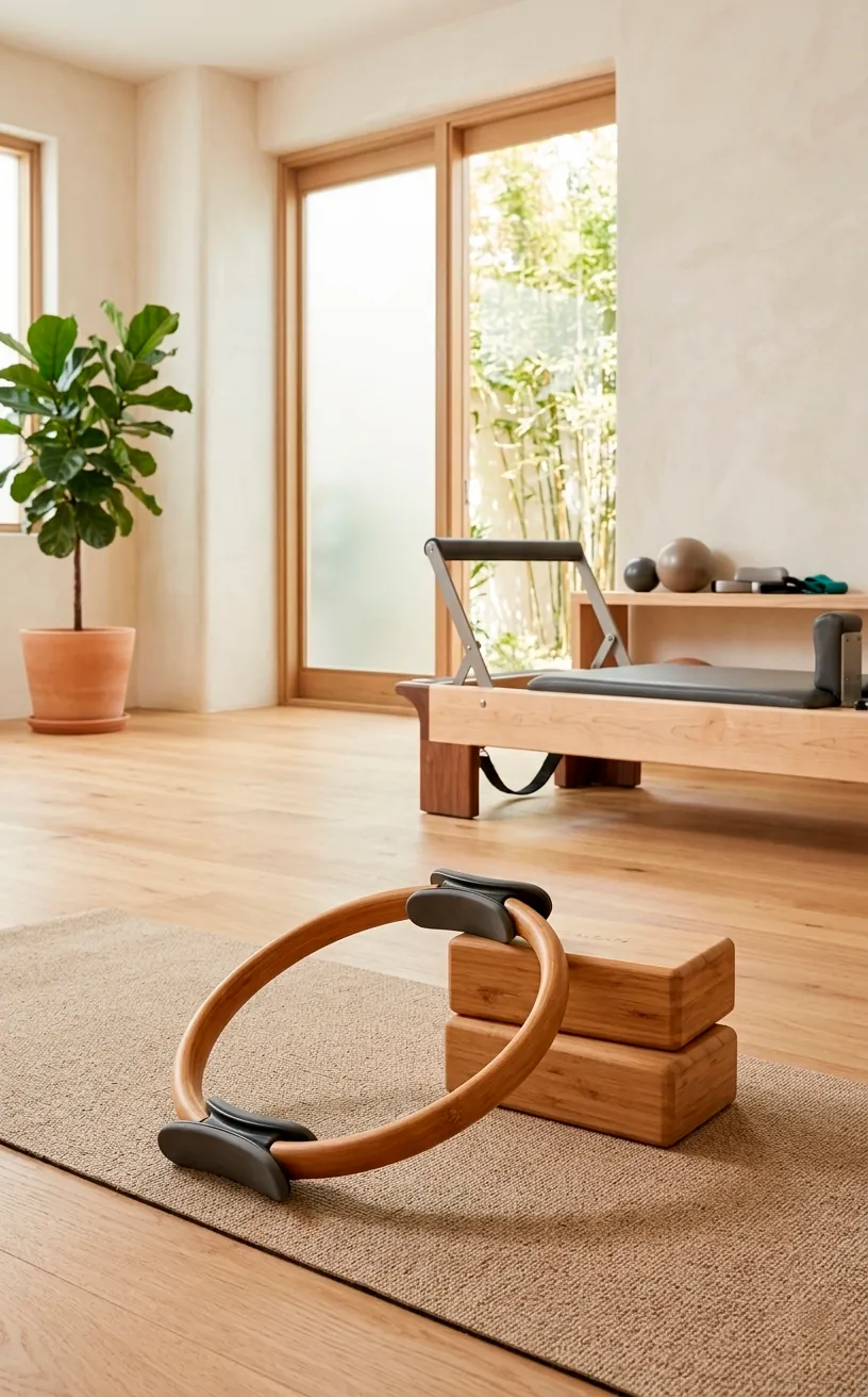 Natural bamboo Pilates ring and yoga blocks on a studio mat.