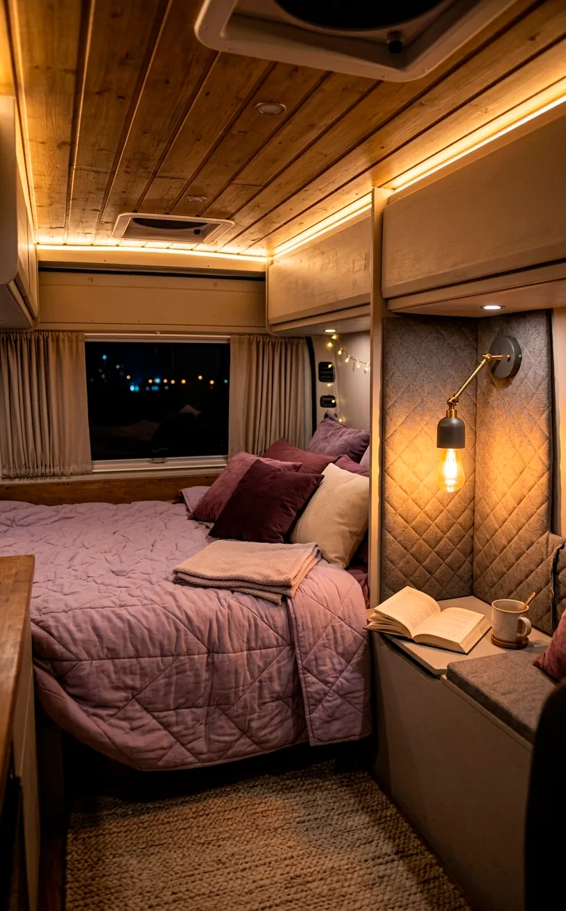 Nighttime van interior with warm dimmable lighting and soft lavender bedding highlights.
