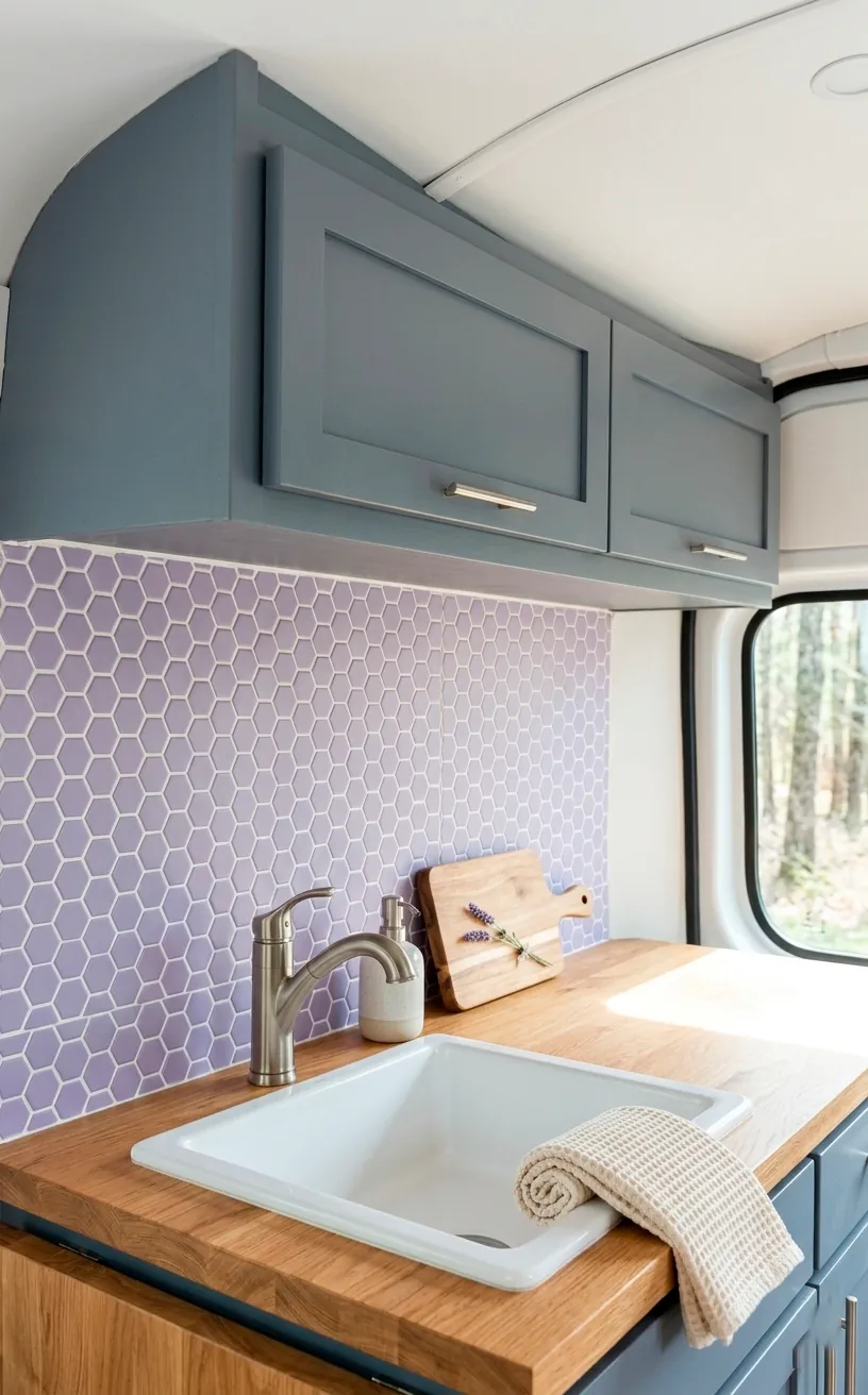 Modern van kitchen with slate grey cabinets and lavender hexagon tile backsplash with wooden counters.