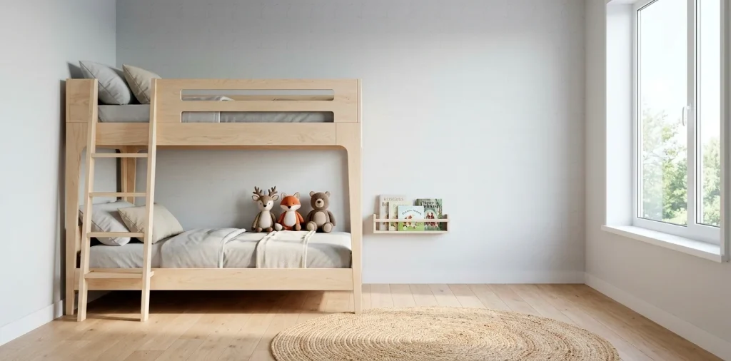 Wide shot of a luxury Scandinavian shared kids bedroom with a minimalist birch wood bunk bed.