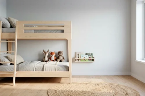 Wide shot of a luxury Scandinavian shared kids bedroom with a minimalist birch wood bunk bed.