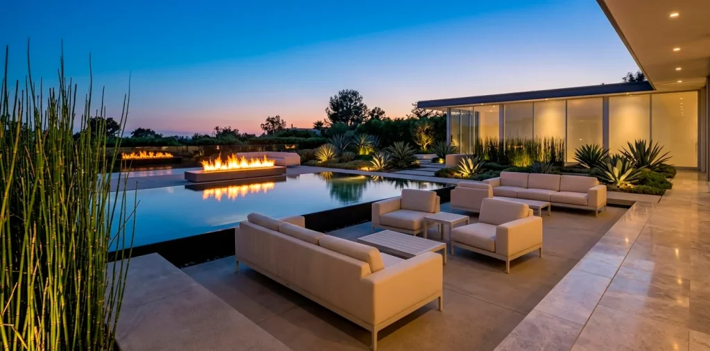 Luxury modern patio with an infinity pond and fire pit at sunset for high-end outdoor entertaining.